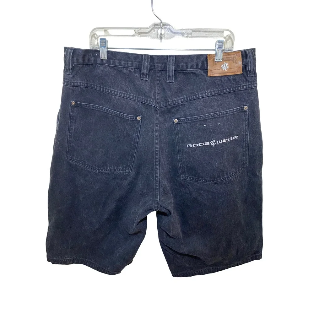 Rocawear Mens Black Denim Shorts Y2K Baggy Hip Hop Embroidered Logo Size 40